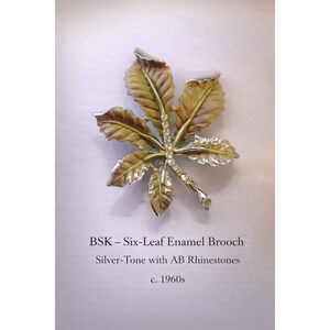 Vintage BSK Six-Leaf Enamel , Silver-tone with AB Rhinestones Brooch